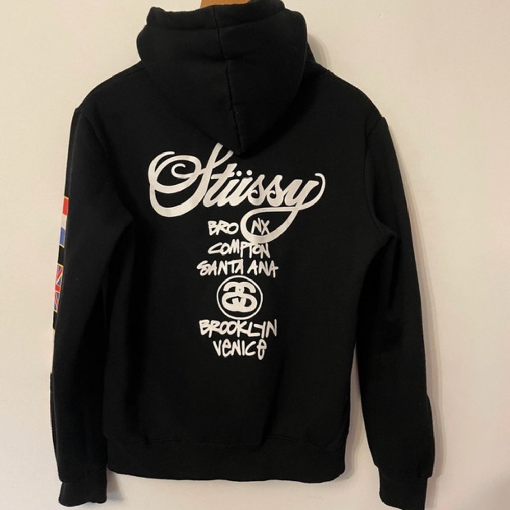 Stussy Black Hoodie with International Flag Sleeve - Picture 5 of 5